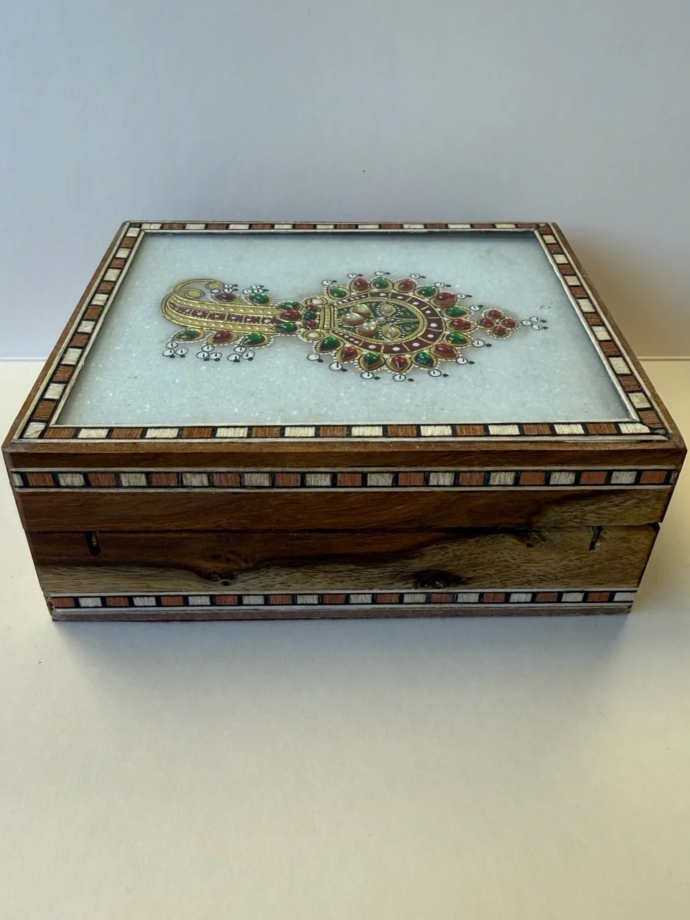 Vintage India Wood Inlay Jewelry Trinket Keepsake Box w/ Mosaic Stone Accent Lid